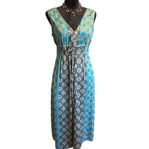 💖Blue Brown Floral Maxi Dress With V-Neck Sleeveless Button Front Elastic Waist